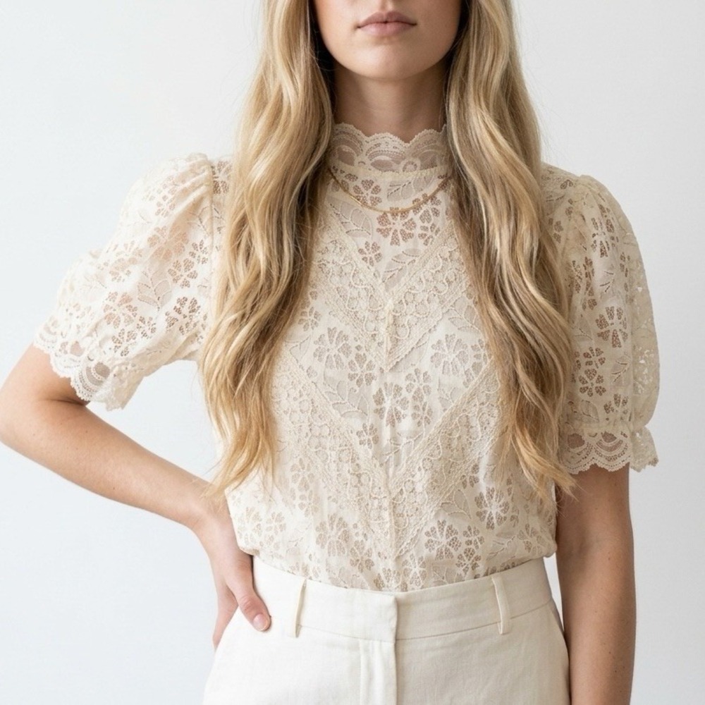 Vintage Romantic Lace Top Shein Curve 3XL Cream High Mock Neck Short Puff Sleeve